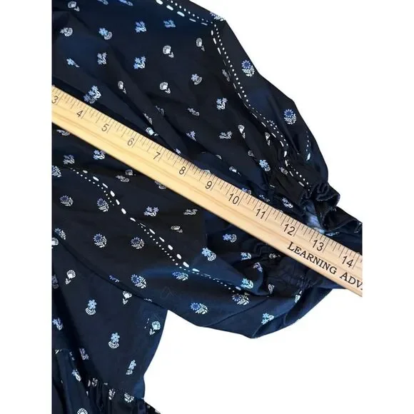 Hunter Bell Puff Sleeve Maxi Dress | Black with Blue Floral Print | Sz L | EUC - Picture 10 of 12